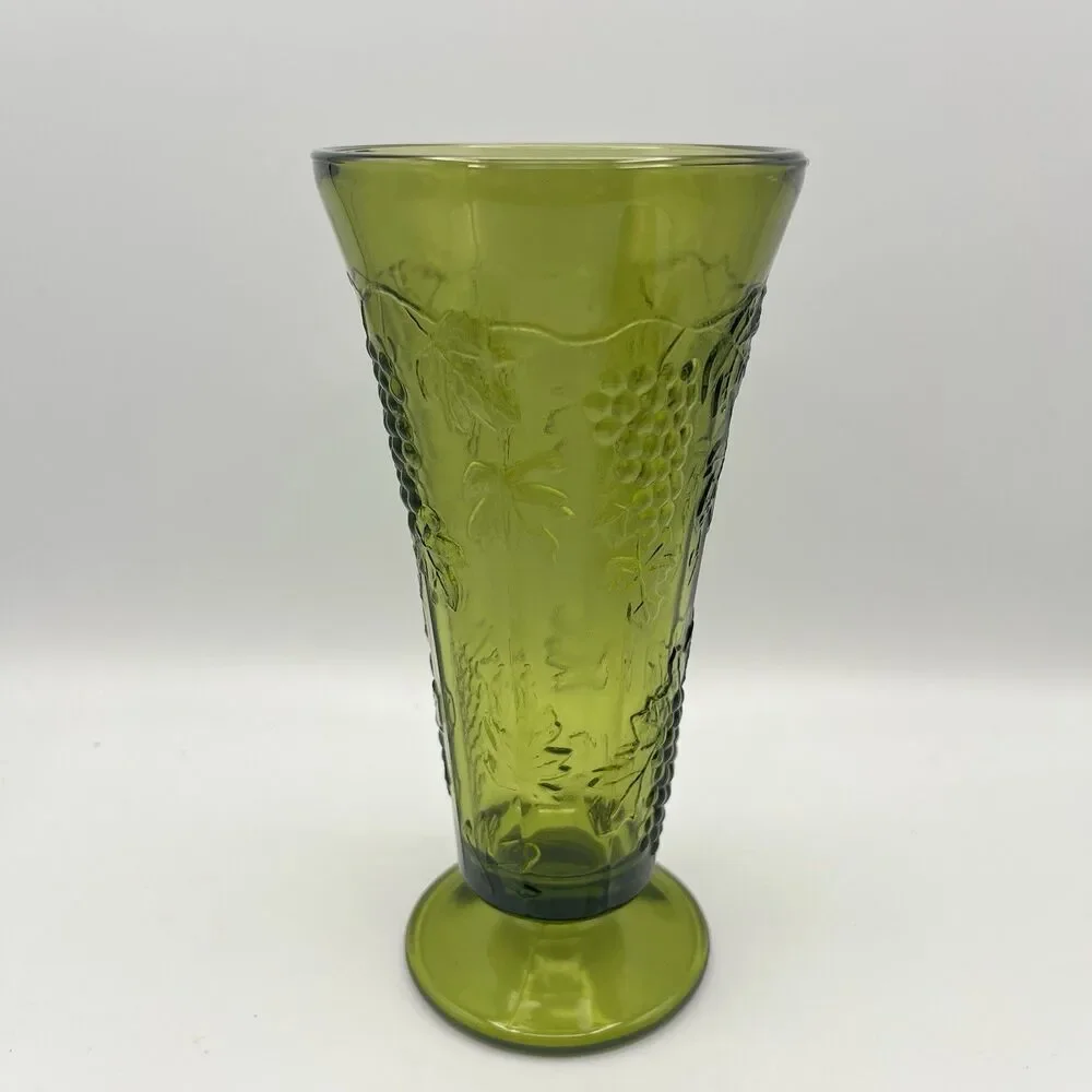 Vintage Indiana Glass Tall Footed Vase Harvest Grape Colony Green 9.75